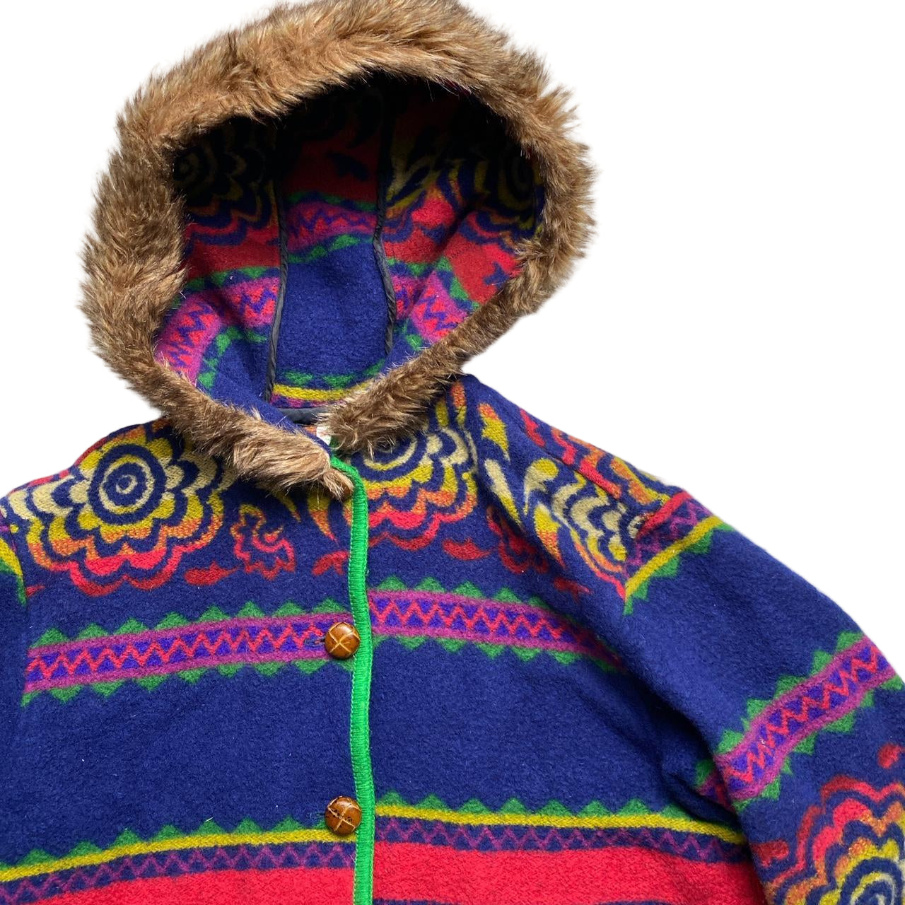 United Colours of Benetton Vintage Wool Floral Multi Colour Rug Design Hooded Fur Trim Parka (M)