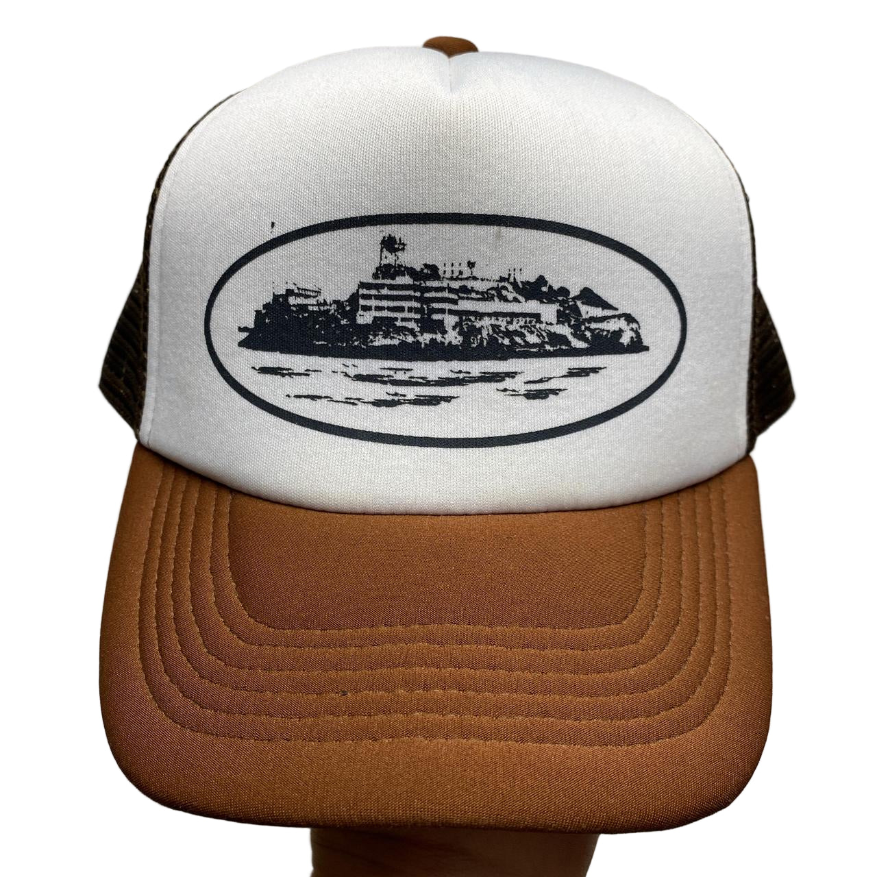 Corteiz Brown and White Trucker Cap
