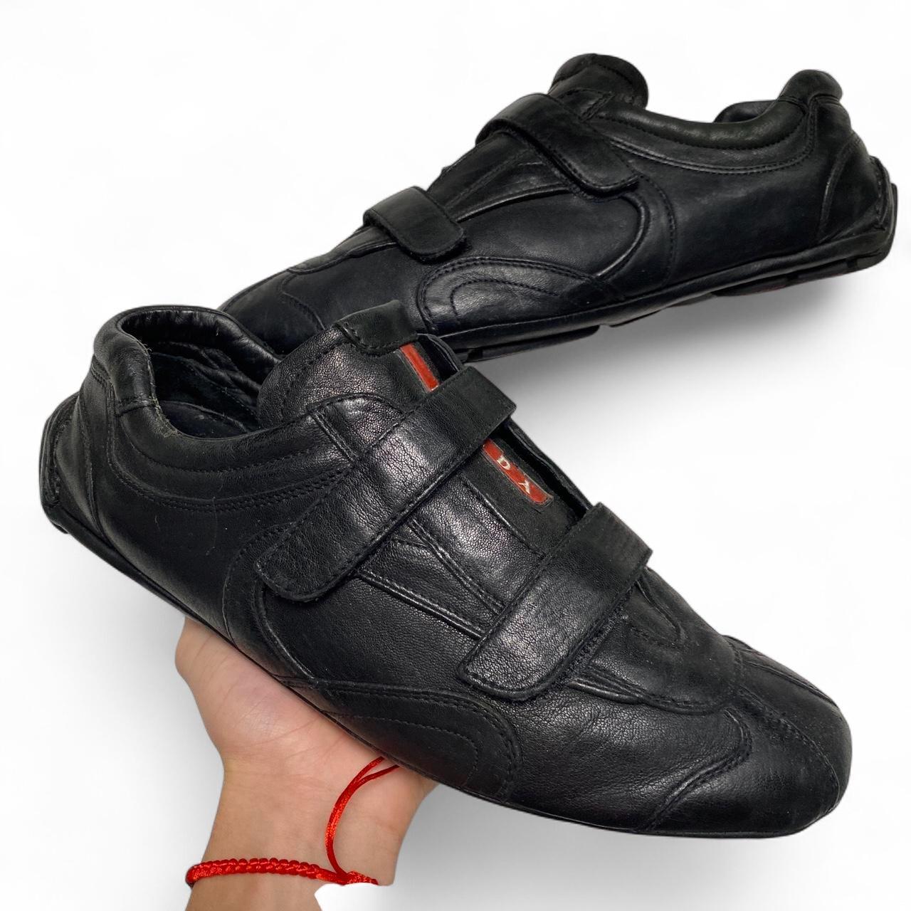 Prada Strap Leather Driving Loafer Shoes Black and Red Tab (UK 10)