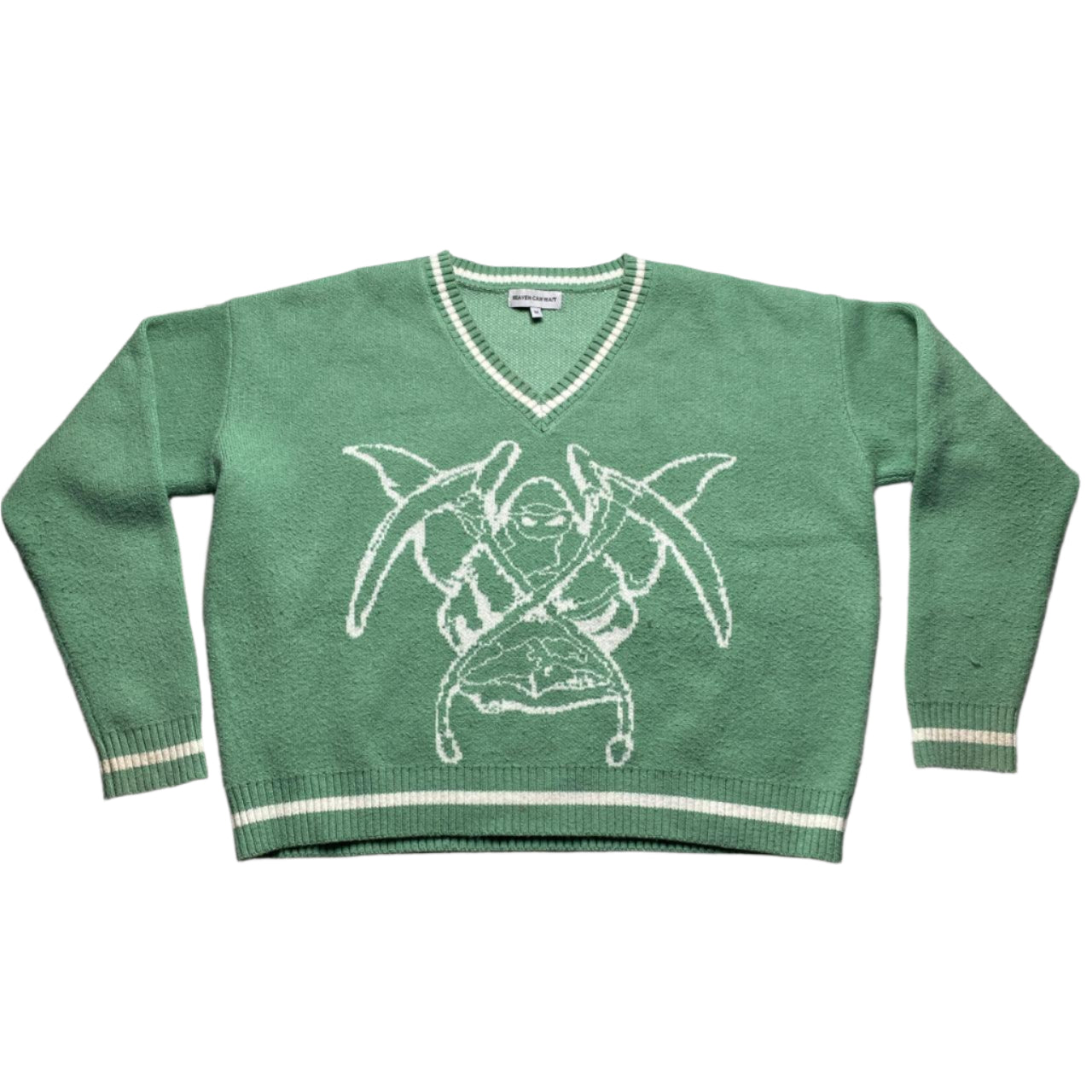 Heaven Can Wait Cropped Mint Green and White Reaper V Neck Jumper (M)