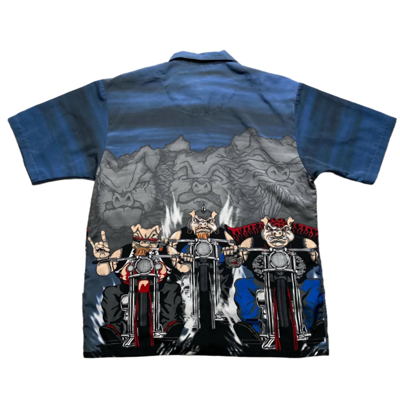Y2K Pig Bikers Cartoon Animated Short Sleeve Silk Shirt (XL)