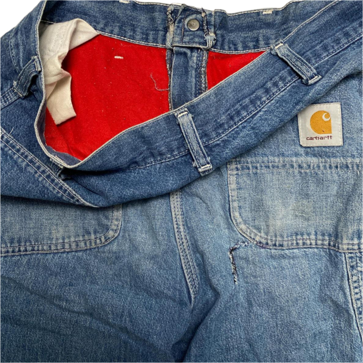 Carhartt Vintage Red Fleece Lined Baggy Blue Carpenter Cargo Jeans (34W)