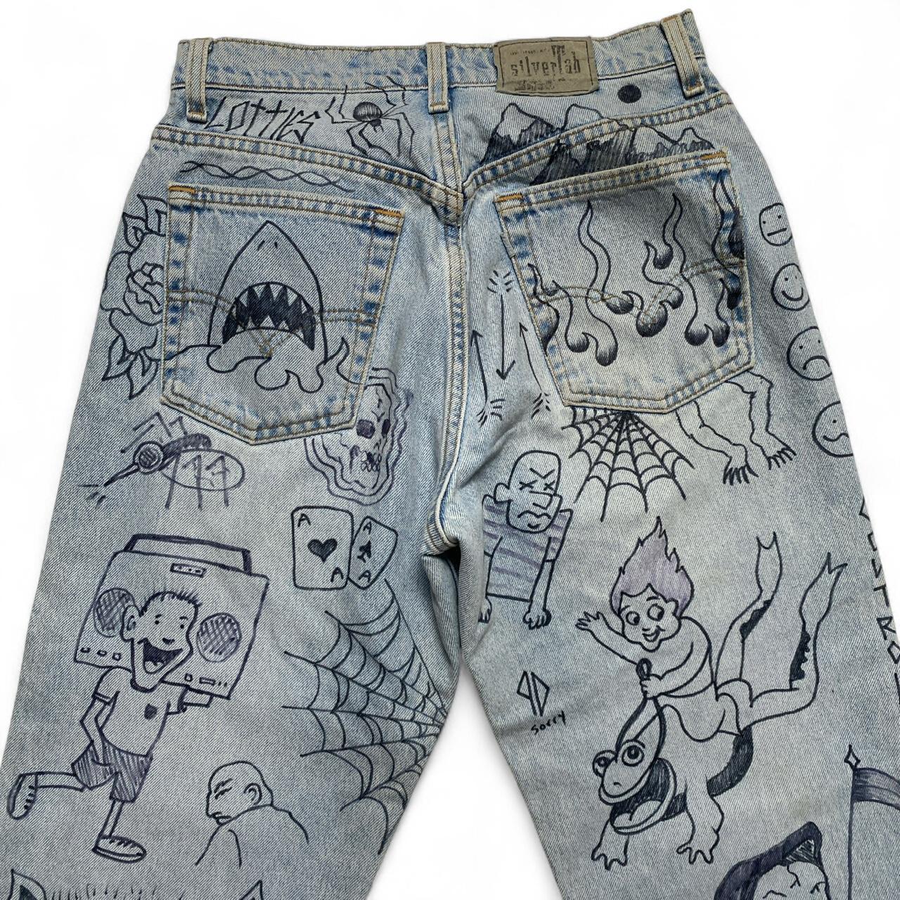 Levis Silver Tab Custom Hand Drawn Light Blue Baggy Jeans (28W)