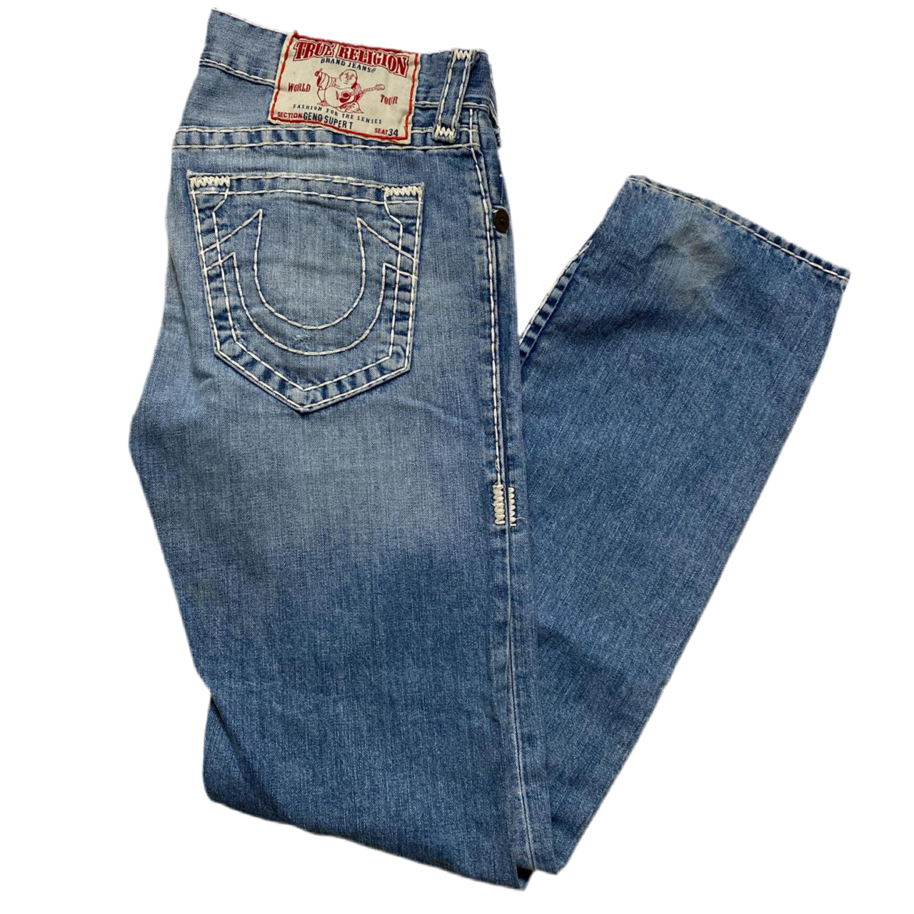 True Religion Geno Super T Blue and White Big Stitch Baggy Jeans (32W)