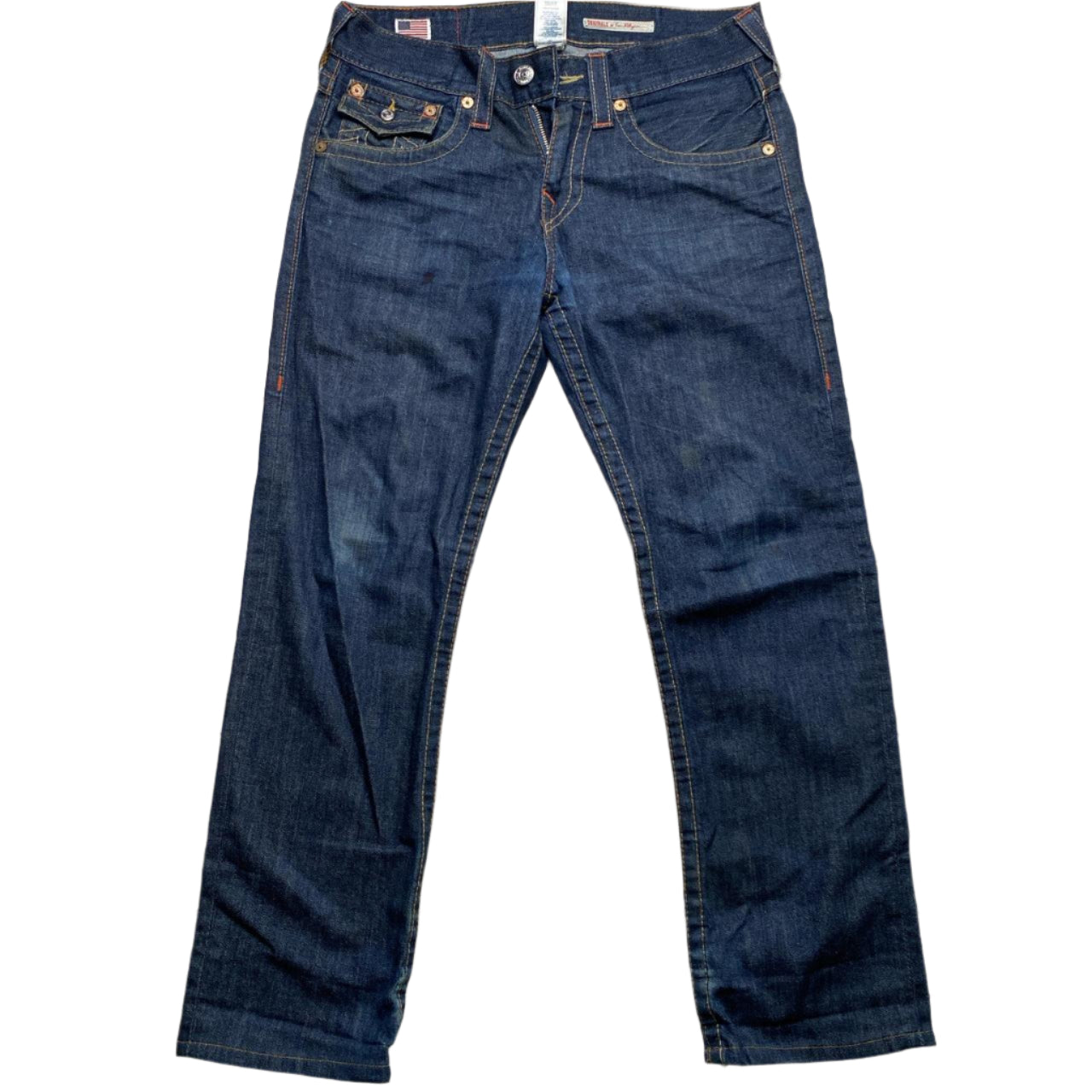 True Religion Ricky Navy and Gold Stitch Straight Baggy Jeans (30W)