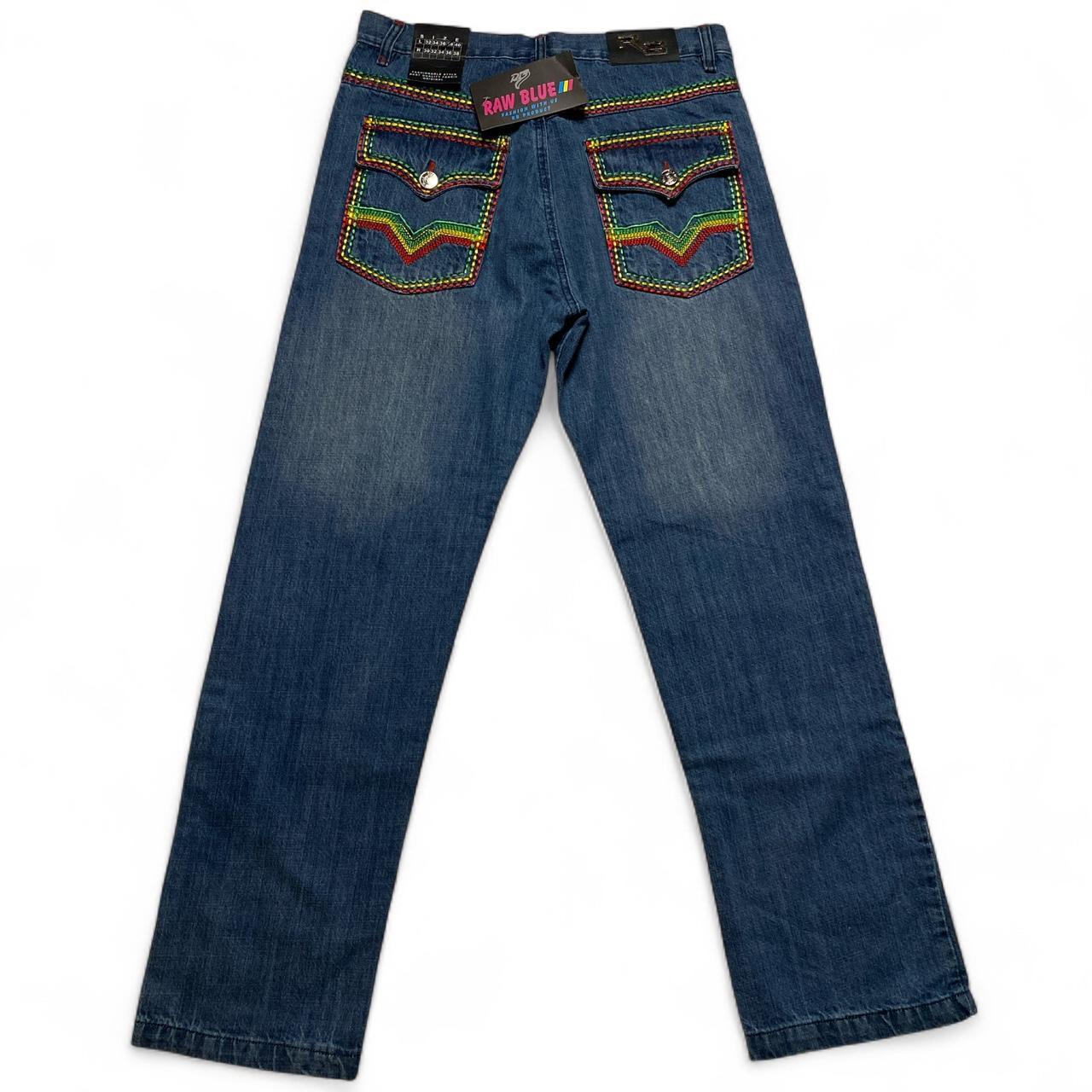 Raw Blue Rasta Big Tri Stitch Baggy Blue Y2K Jeans (34W)
