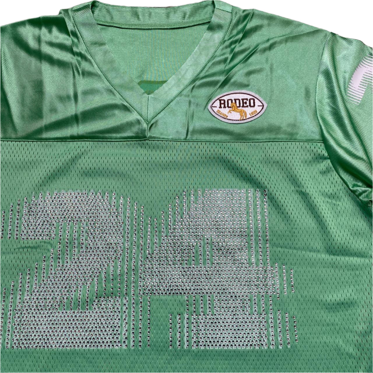 Rodeo Warehouse Green Yellow and White Diamante Rhinestone NFL Football Womens Oversized Jersey (L)