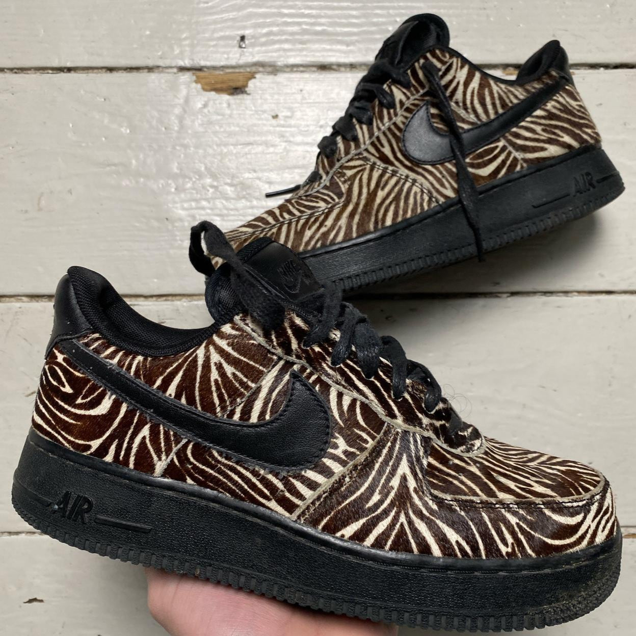 Nike Air Force 1 Brown and White Zebra Print Stripes Pony Hair (UK 5)