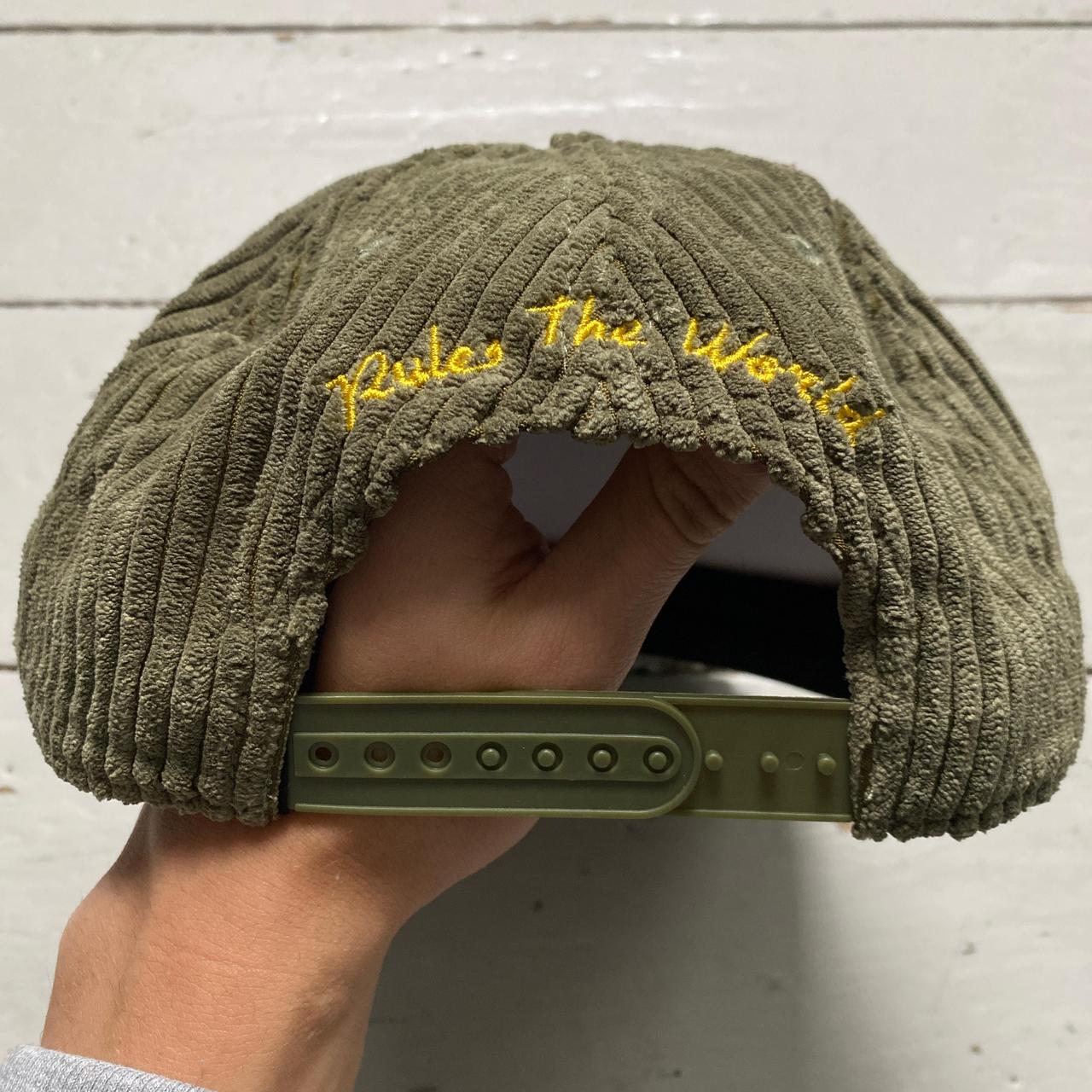 Corteiz Soho Yacht Club Corduroy Khaki Green and Gold Velour Snapback Cap
