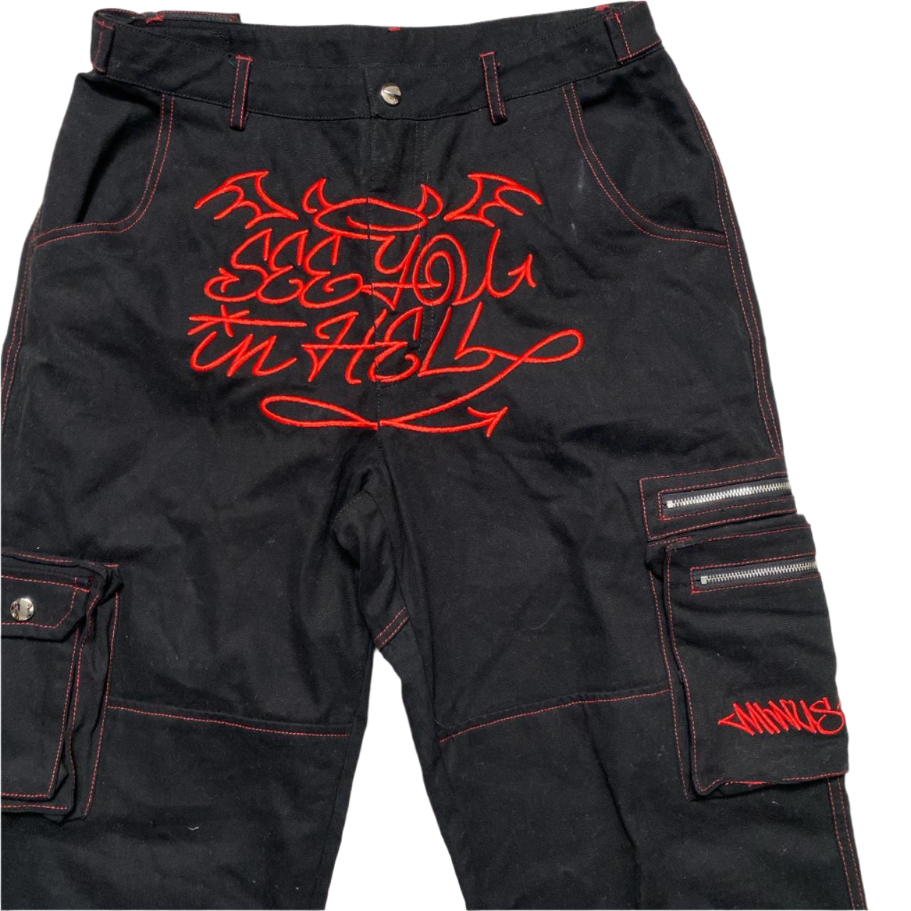 Minus Two Embroidery Devil and Girls Cargo Trousers Black and Red (30W)