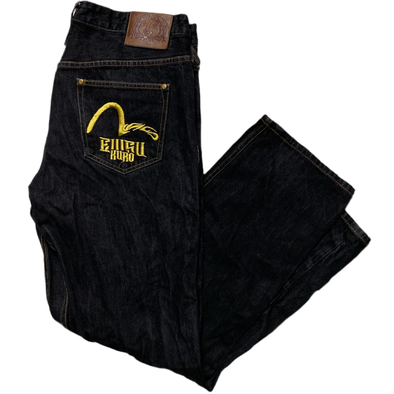 Evisu Kuro Indigo Dark Black Denim and Yellow Embroidered Swoosh Jeans (W 38)
