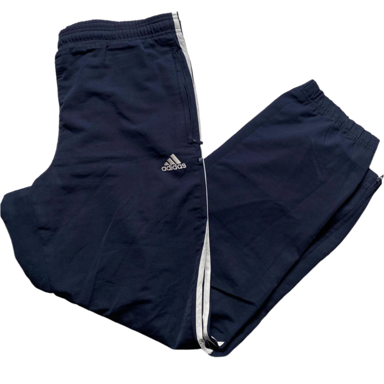 Adidas Navy and White Baggy Trackpant Shell Bottoms (L)