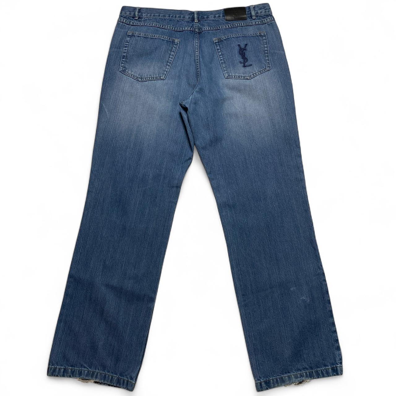 Yves Saint Laurent YSL Navy Embroidered Light Blue Baggy Distressed Jeans (40W)
