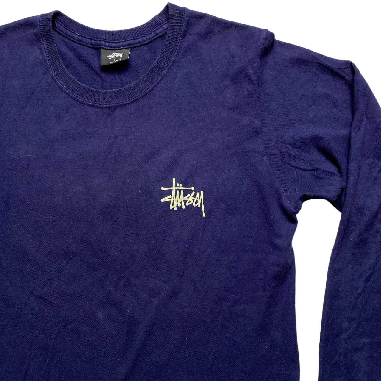 Stussy Navy and Cream White Long Sleeve T Shirt (S)