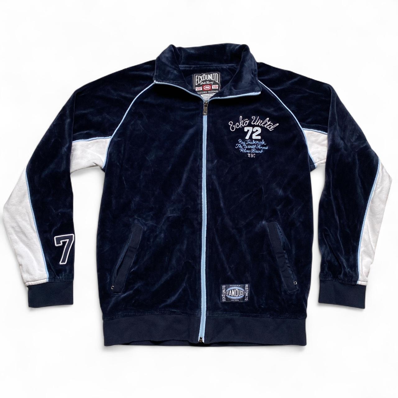 Ecko UNLTD Vintage Velour Navy Baby Blue and White Tracksuit Jacket (M)