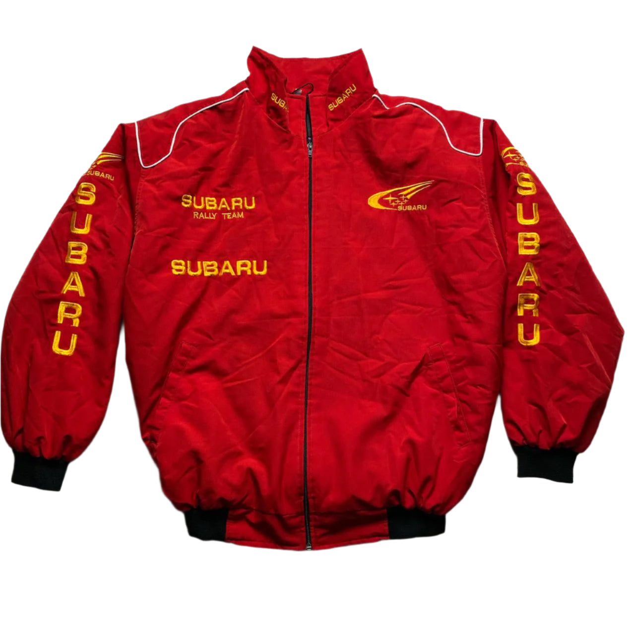 Subaru Rally Team Red and Yellow Vintage Bomber Jacket (L)