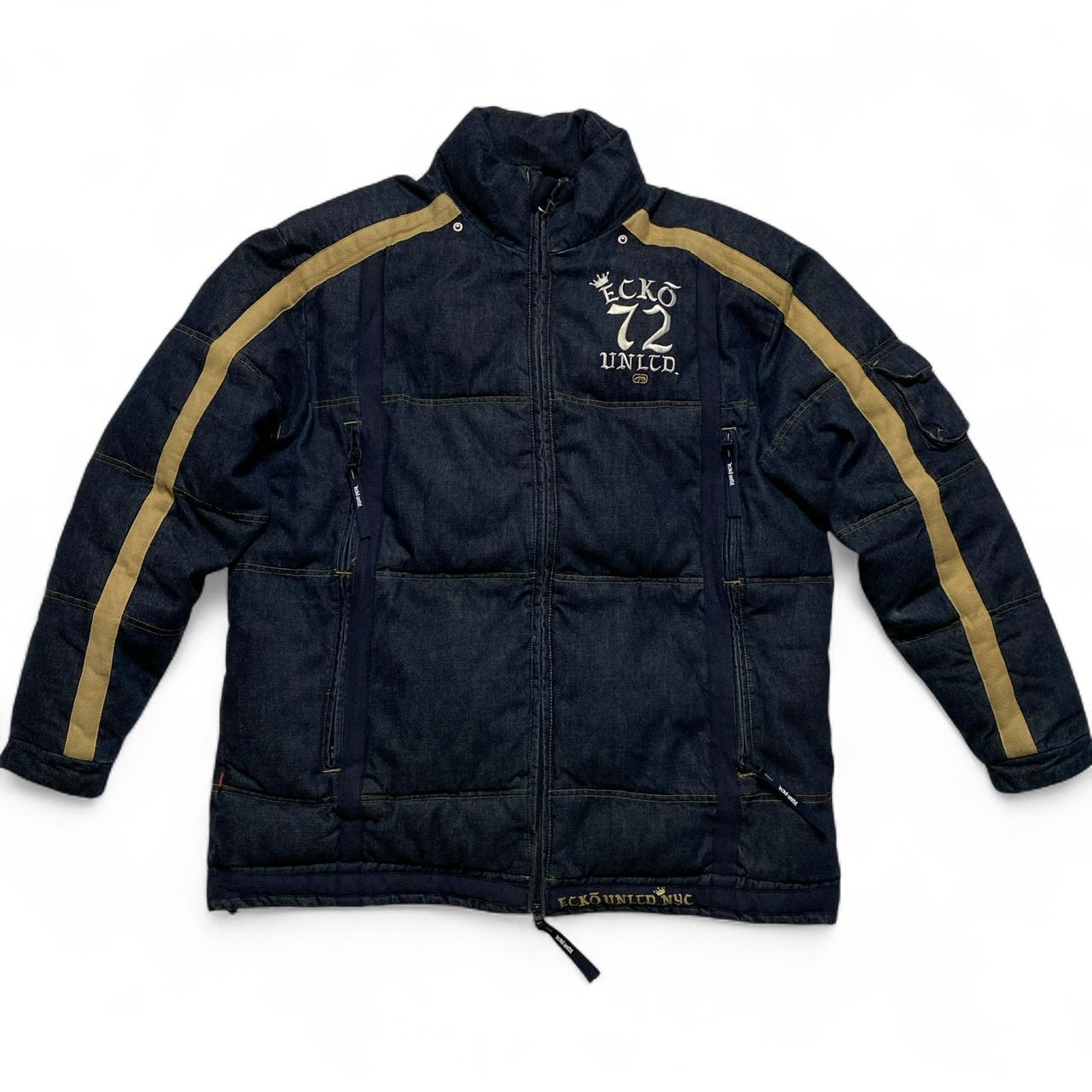 Ecko UNLTD Vintage Denim Navy and Brown Embroidery Puffer Jacket (L)