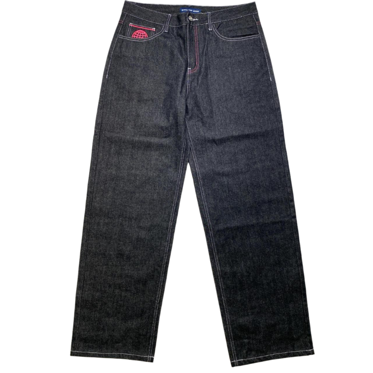 Minus Two Dark Grey Pink Embroidery Baggy Jeans (36W)
