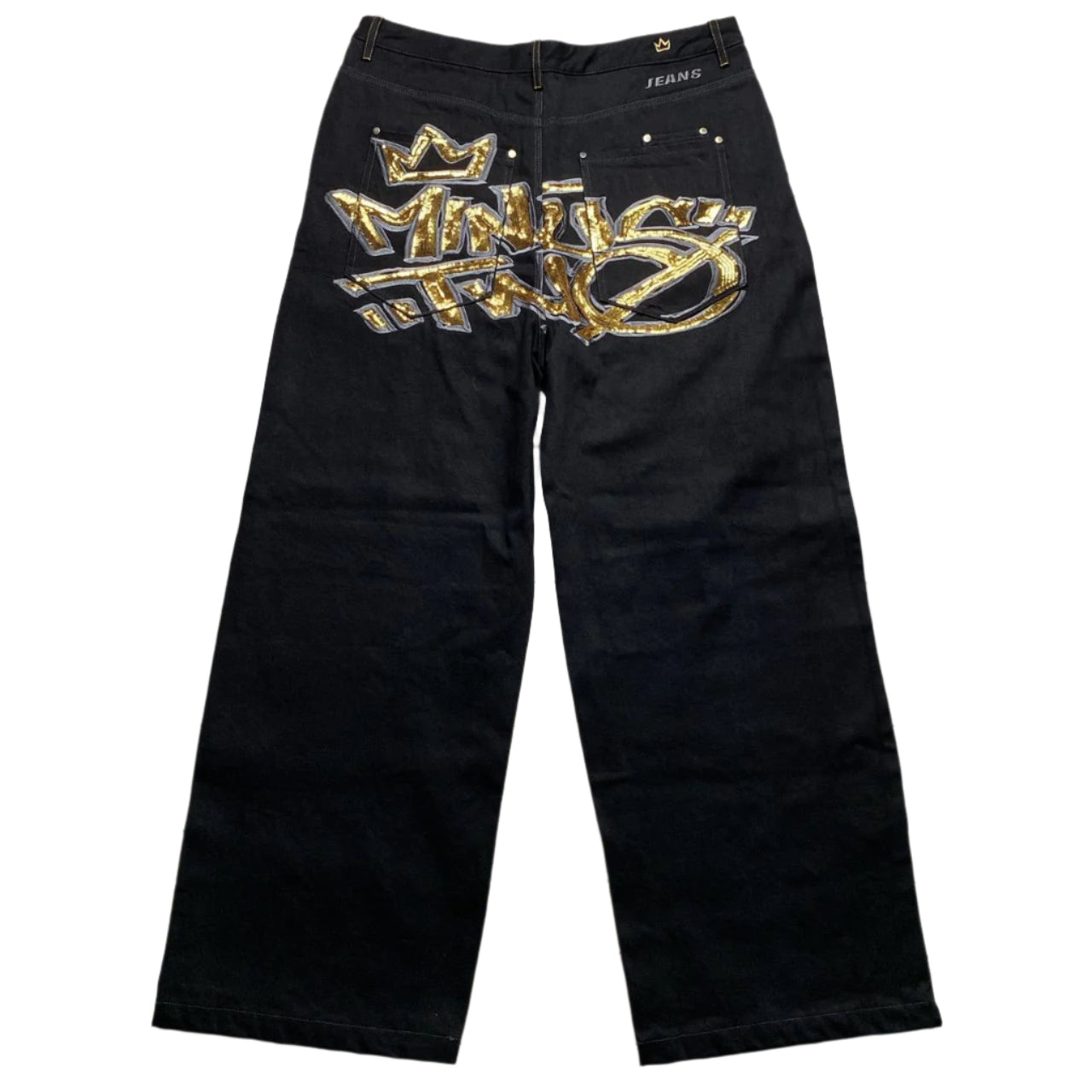 Minus Two Super Baggy Black and Gold Sequin Embroidery Jeans (38W)