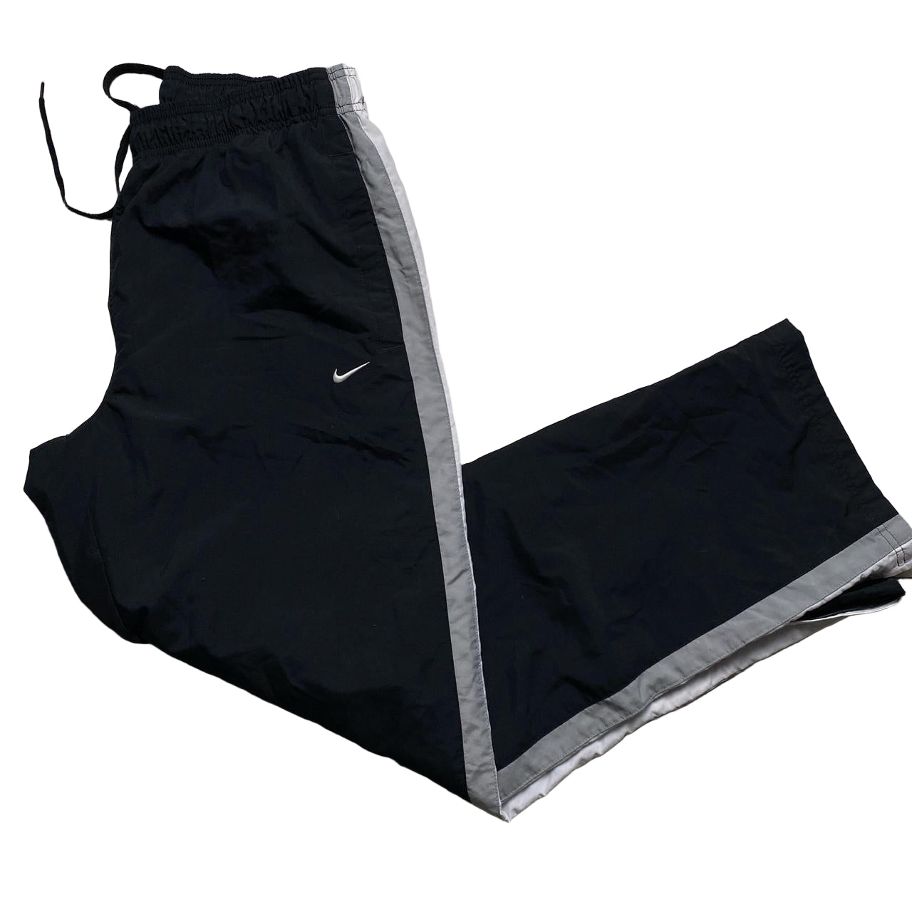 Nike Athletic Department Swoosh Vintage Black Grey and White Strip Shell Track Pant Baggy (XL)Bottoms