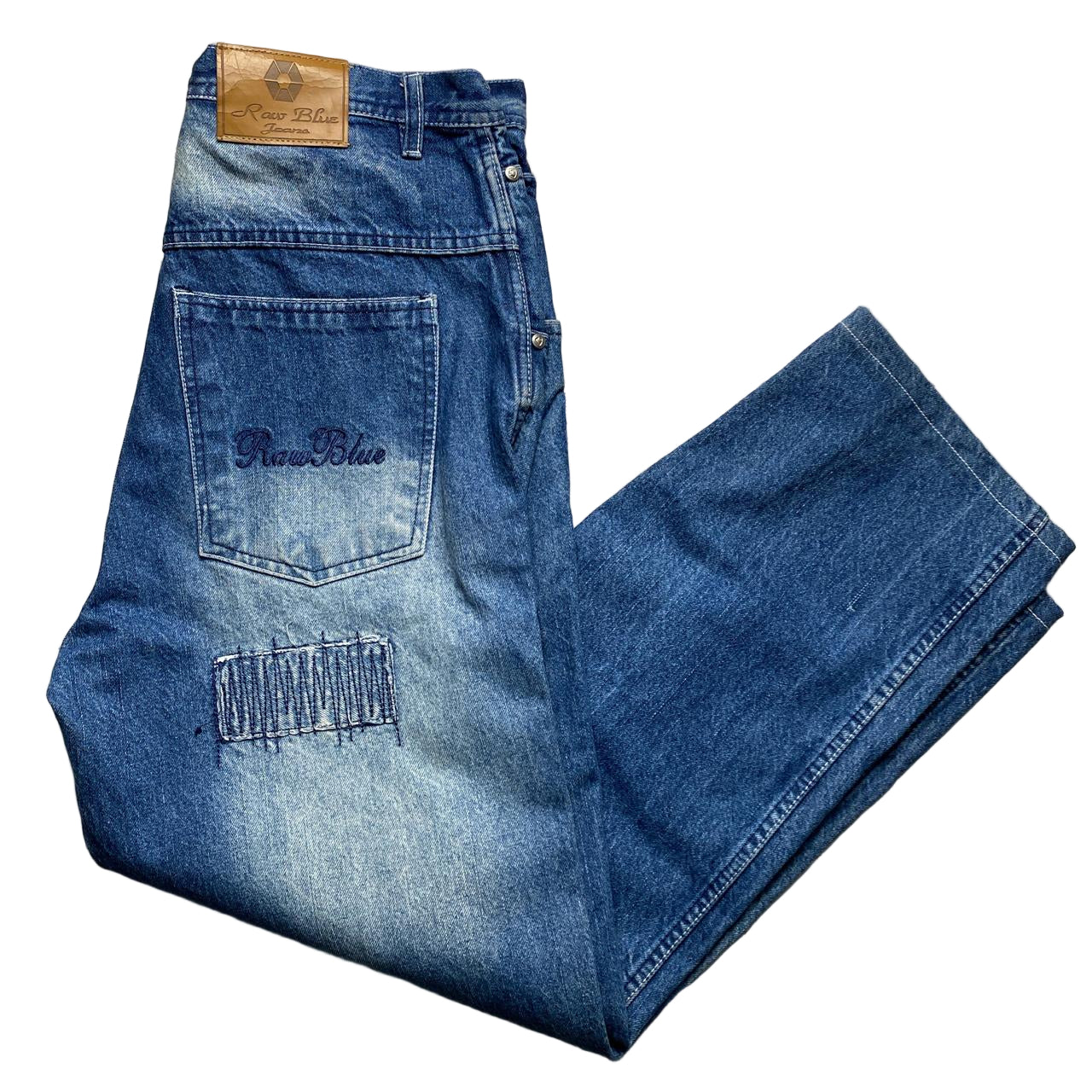 Raw Blue Vintage Baggy Patchwork Stonewashed Blue Jeans (34W)