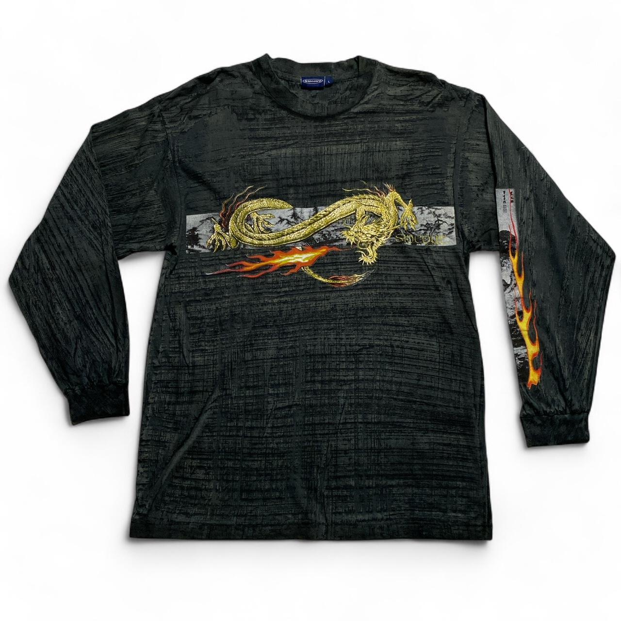 Sideout Vintage y2k Dragon Grey and Yellow Flames Grunge Long Sleeve T Shirt (L)