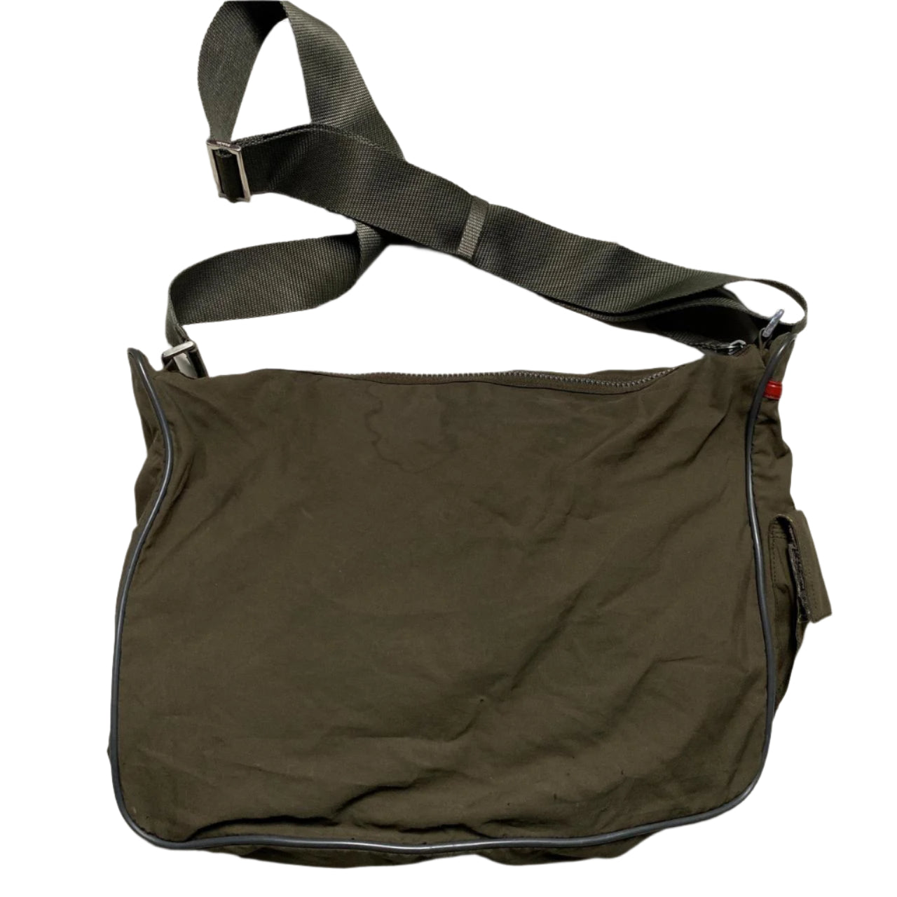Prada Sport Vintage Nylon Messenger Bag Khaki Olive Green Red Strip