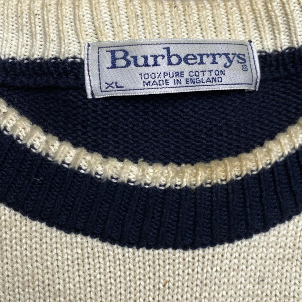 Burberry Burberrys England Vintage Navy and Cream White Big Lettering Cable Knit Jumper (XL)