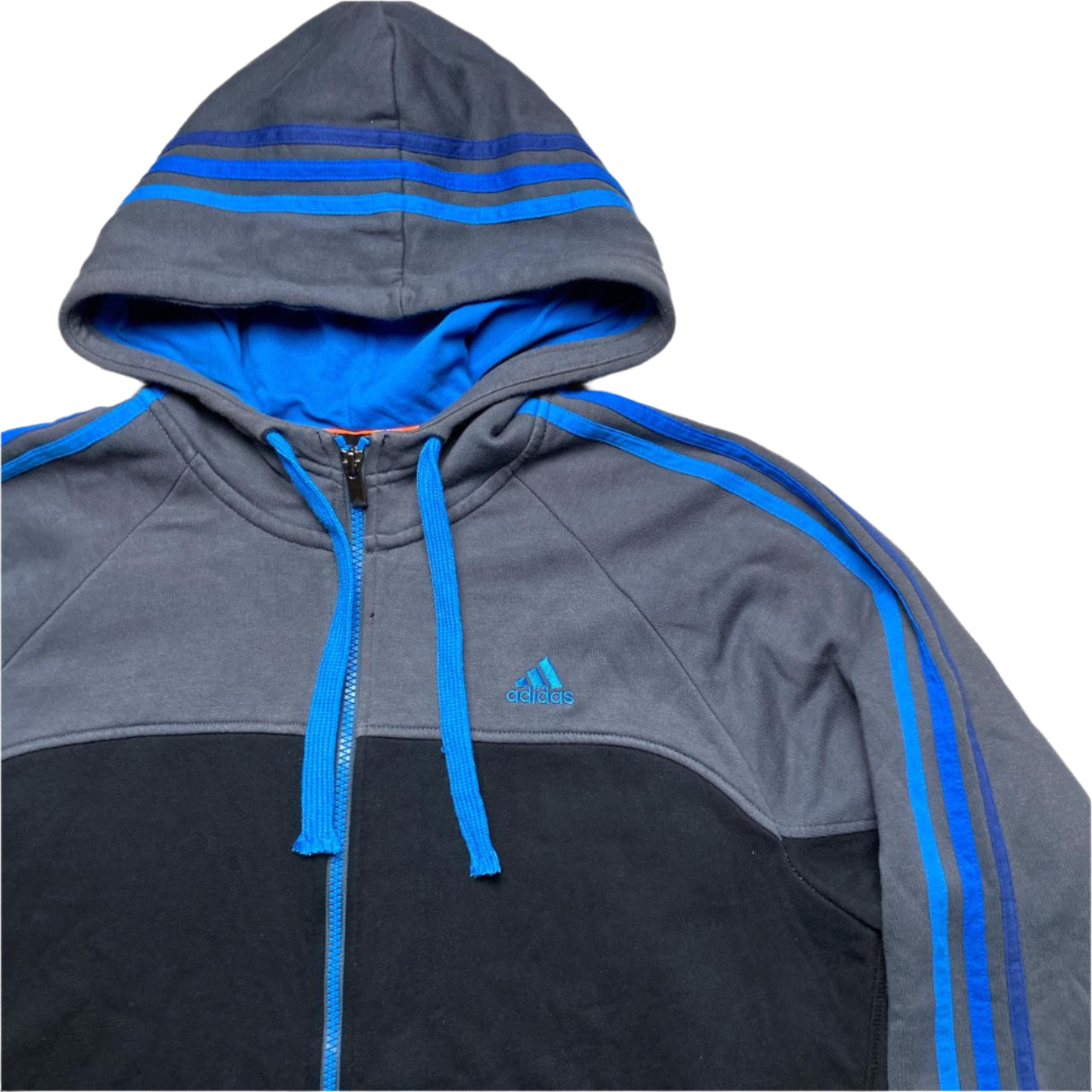 Adidas Performance Essentials 3 Stripe Grey Black and Tri Blue Hoodie (L)