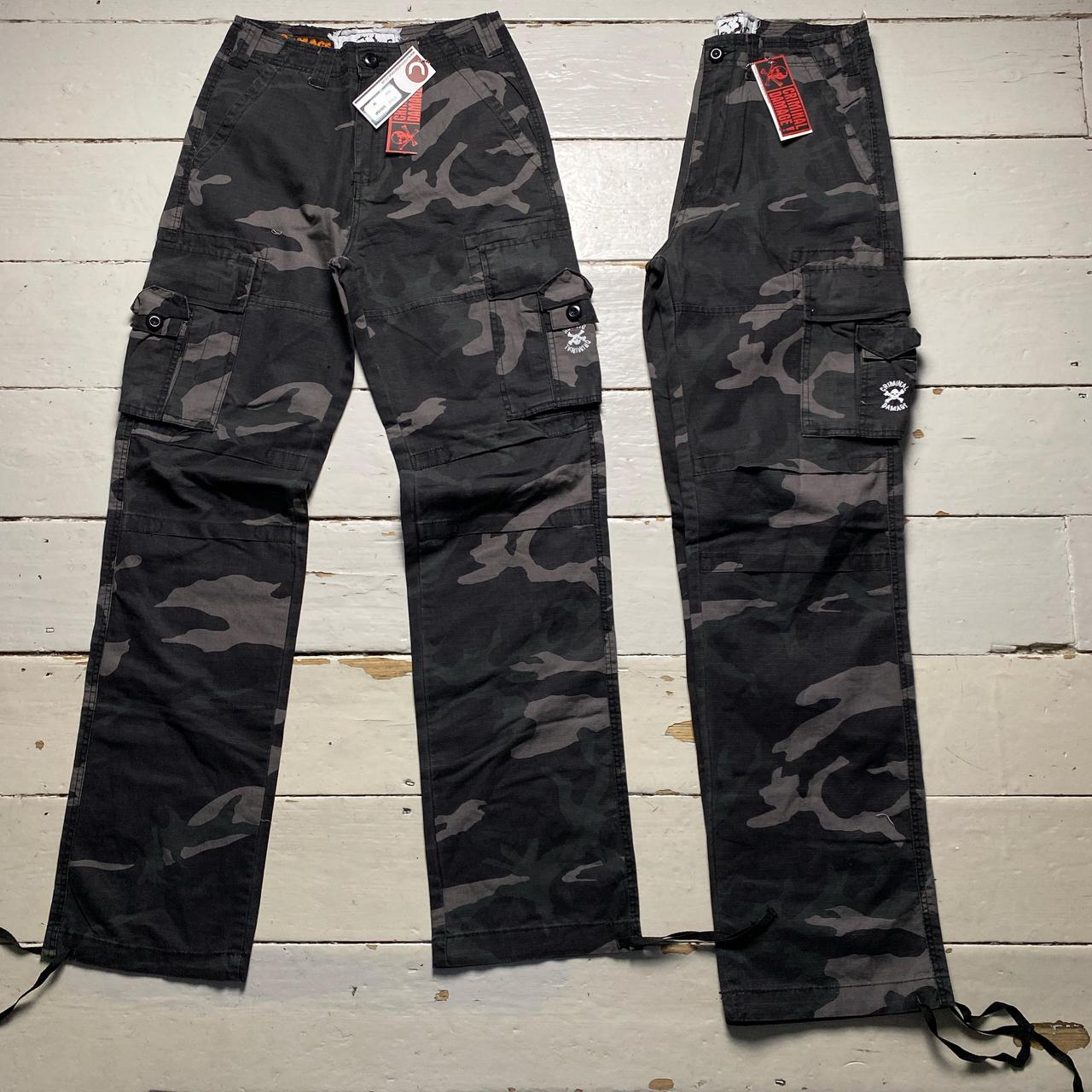 Criminal Damage Dark Green Camouflage Baggy Cargo Combat Trousers