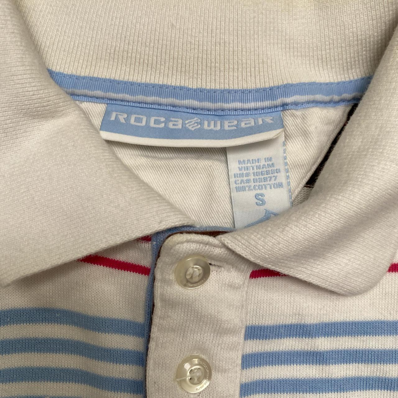 Rocawear Vintage Striped Brown White Baby Blue and Pink Polo Shirt (S)
