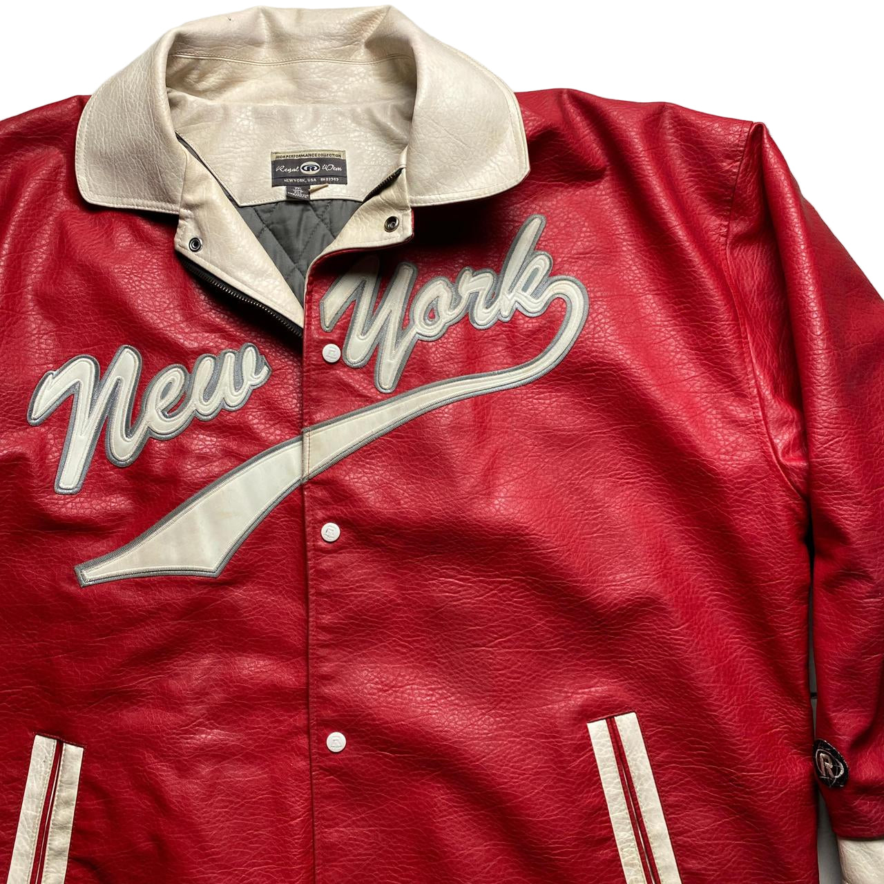 New York Regal Wear Vintage Red and Cream White Leather Long Jacket (2XL)