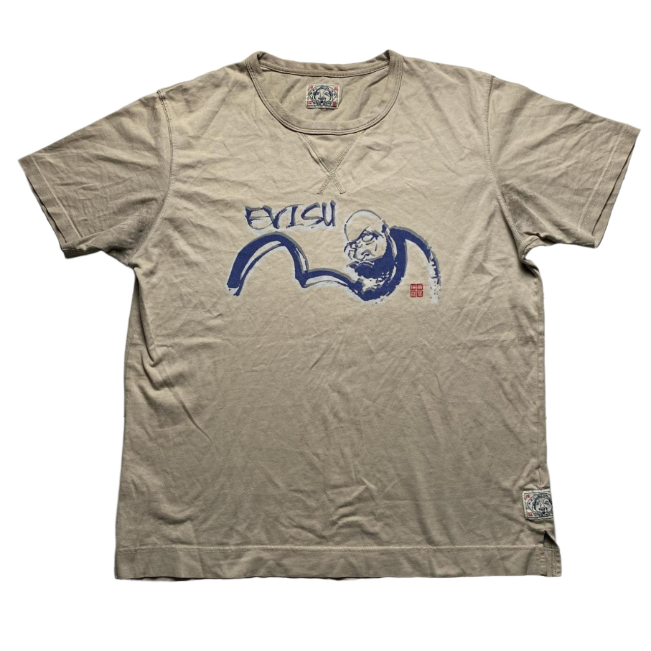Evisu Vintage Tan and Blue Buddha Daicock Swoosh T Shirt (XL)