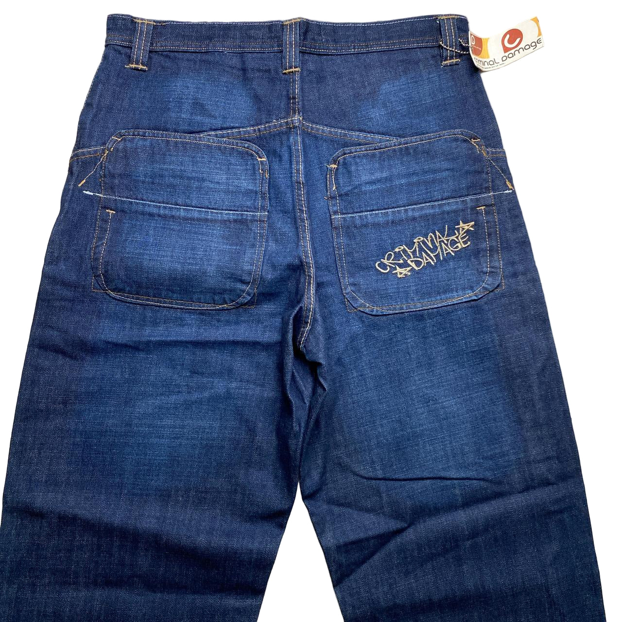 Criminal Damage Baggy Carpenter Graffiti Navy and Cream Embroidery Jeans (34W)