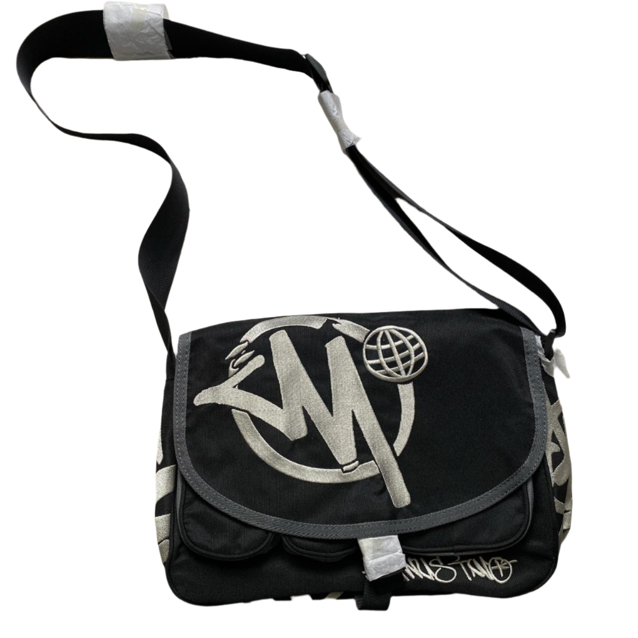 Minus Two Satchel Messenger Pouch Bag Black and Grey Embroidery