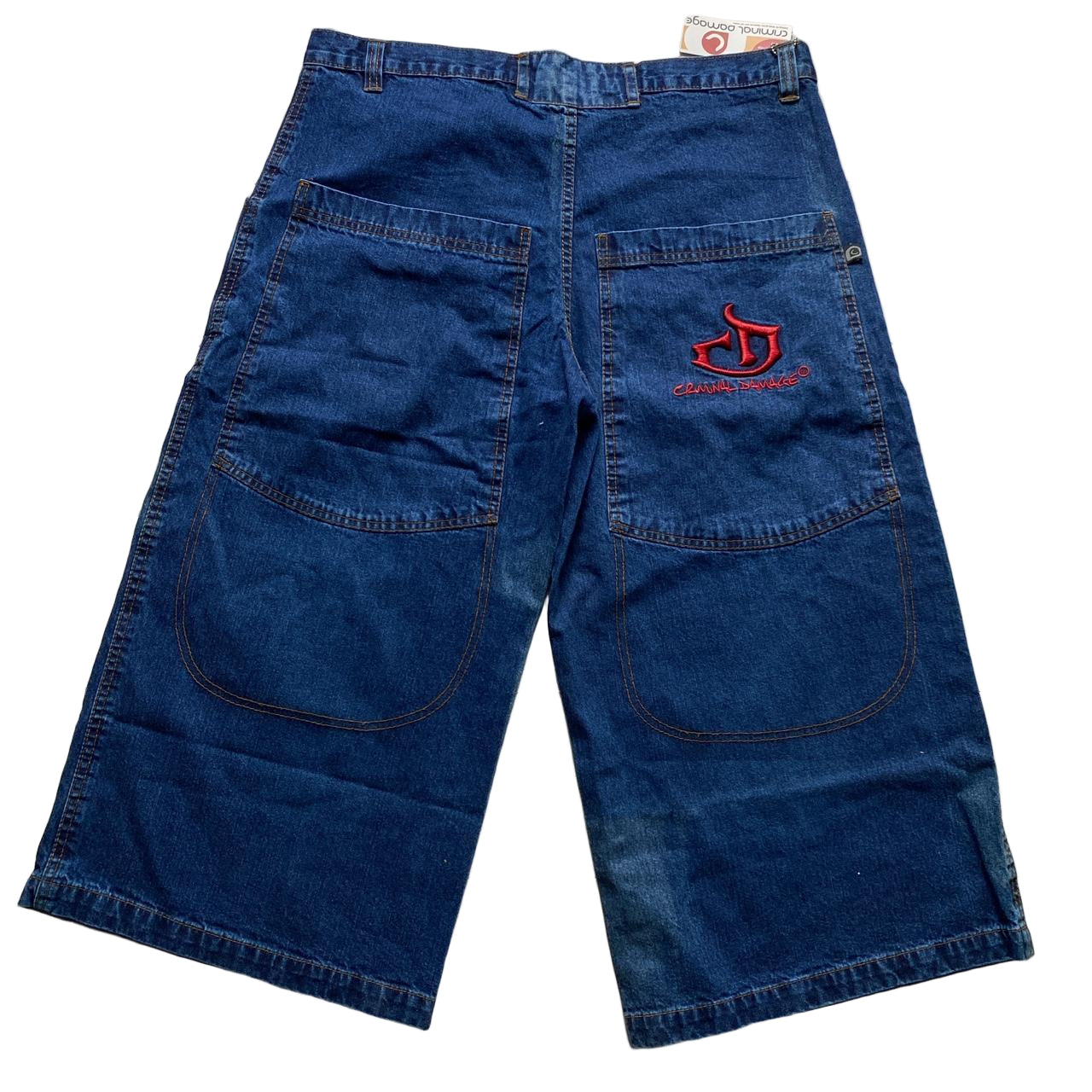 Criminal Damage Baggy Embroidered Navy and Red Jorts Jean Shorts (38W/40W)
