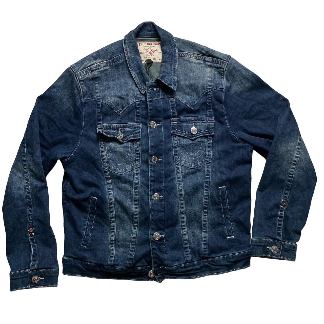 True Religon Denim White Stitch Navy Stonewash Denim Jacket (XL)