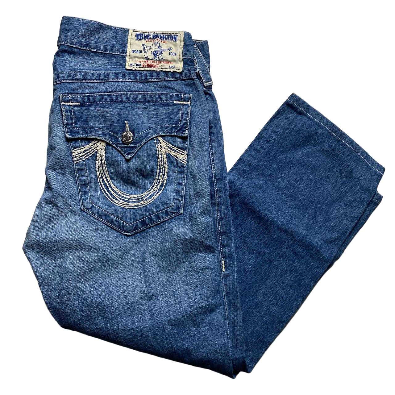 True Religion Blue and White Stitch Straight Baggy Jeans (36W)