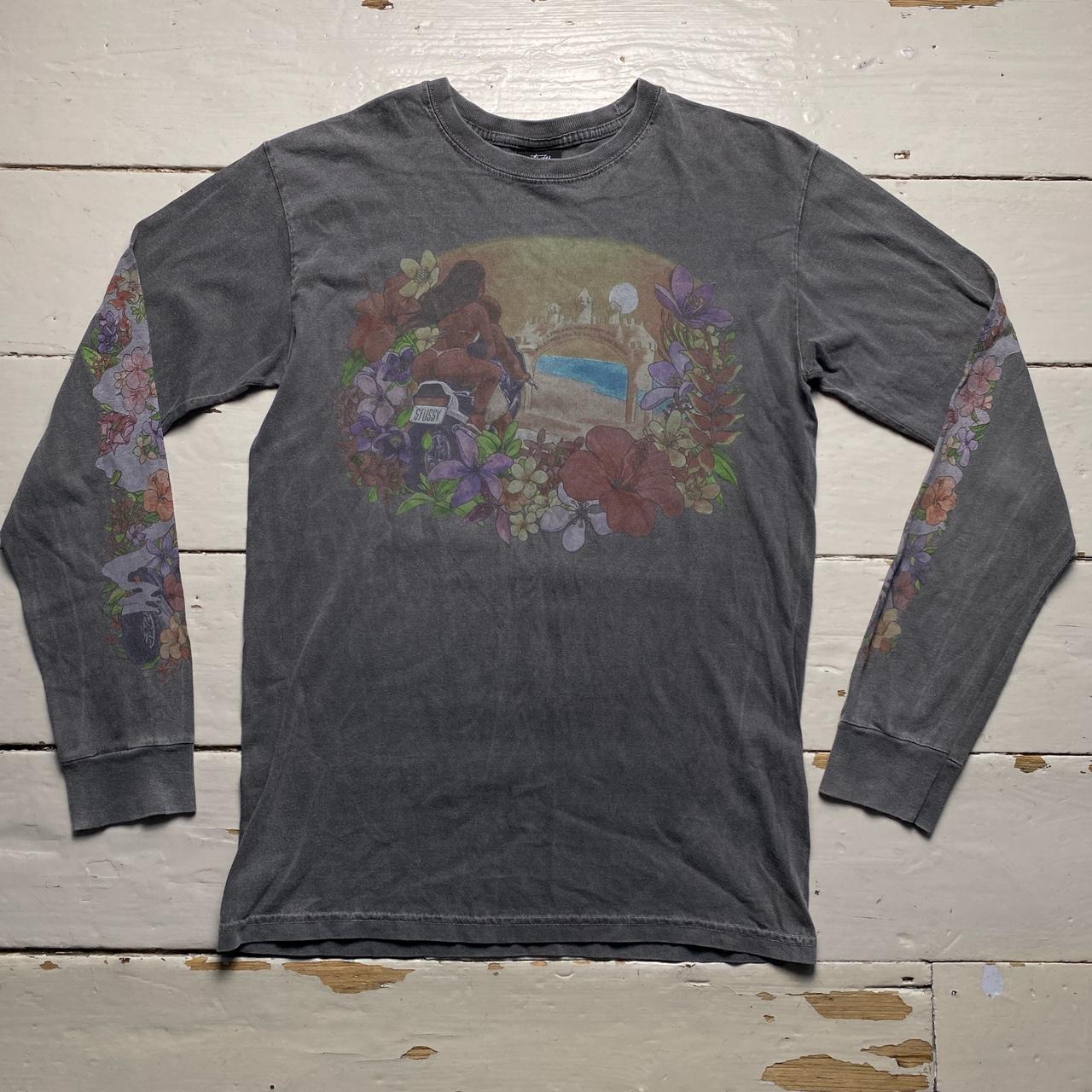 Stussy Hawaiian Motorbiker Girl Grey Floral Long Sleeve T Shirt