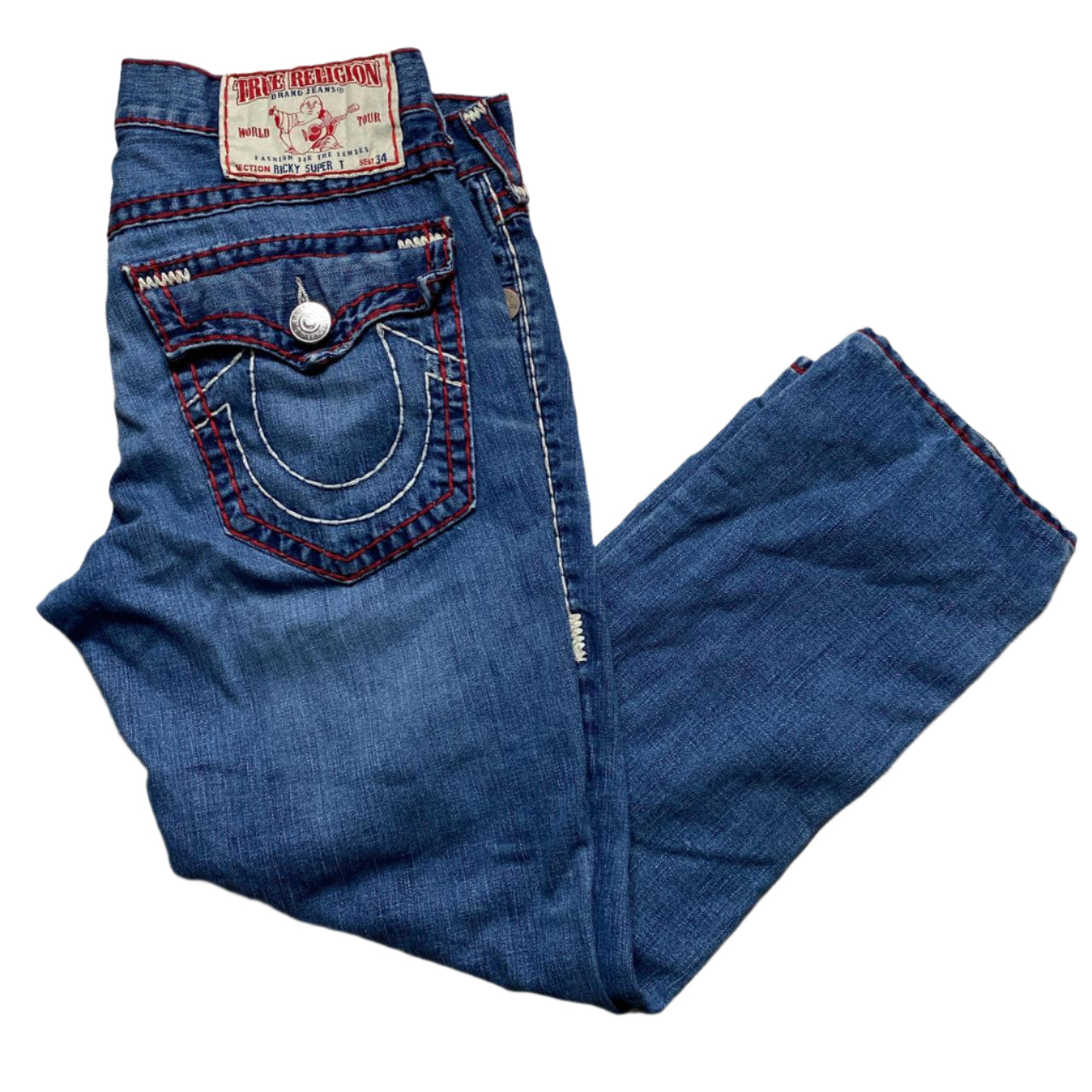 True Religion Ricky Super T Big Red and White Stitch Blue Jeans (34W)