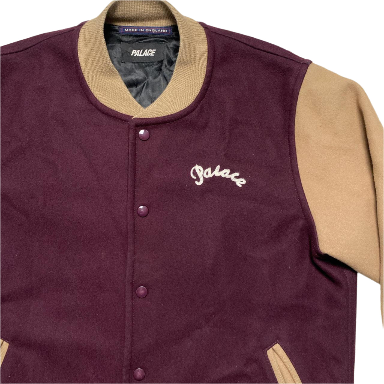 Palace Wool Burgundy and Sand Tan Brown Varsity Bomber Jacket (L)