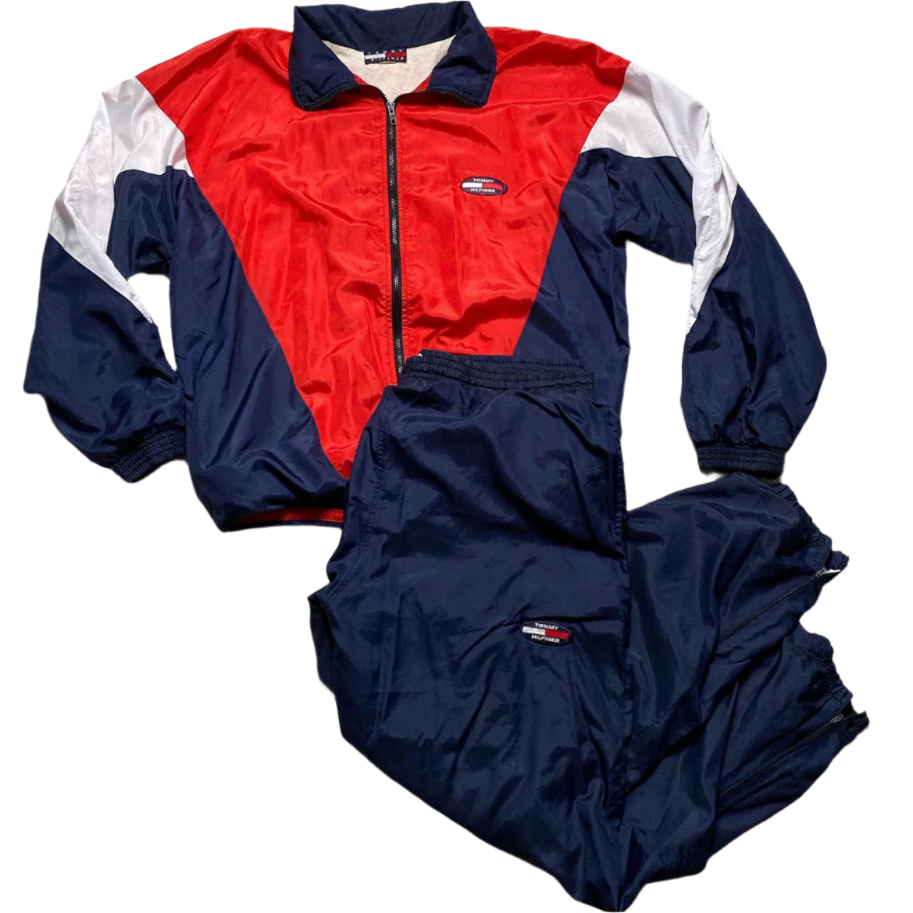 Tommy Hilfiger Vintage 90โs Blue Red and White Shell Nylon Baggy Tracksuit (XL)