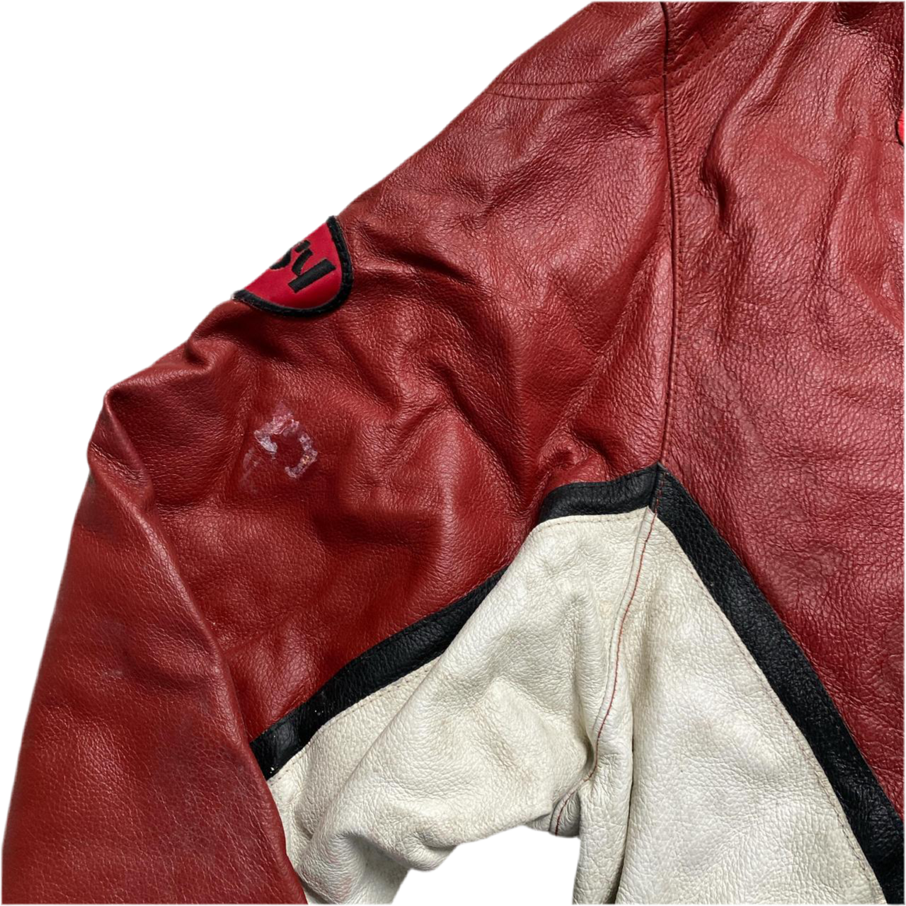 Extasy Vintage 90’s Red White and Black Leather Bomber Jacket (5XL)