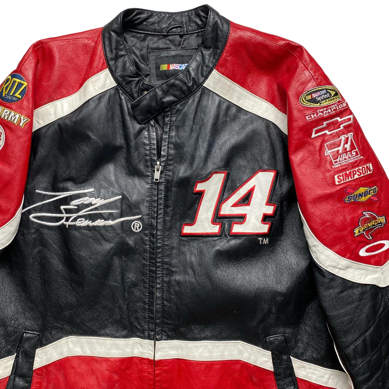 Nascar Tony Stewart 14 Office Depot Black Red and White Vintage Leather Racing Jacket (XL)