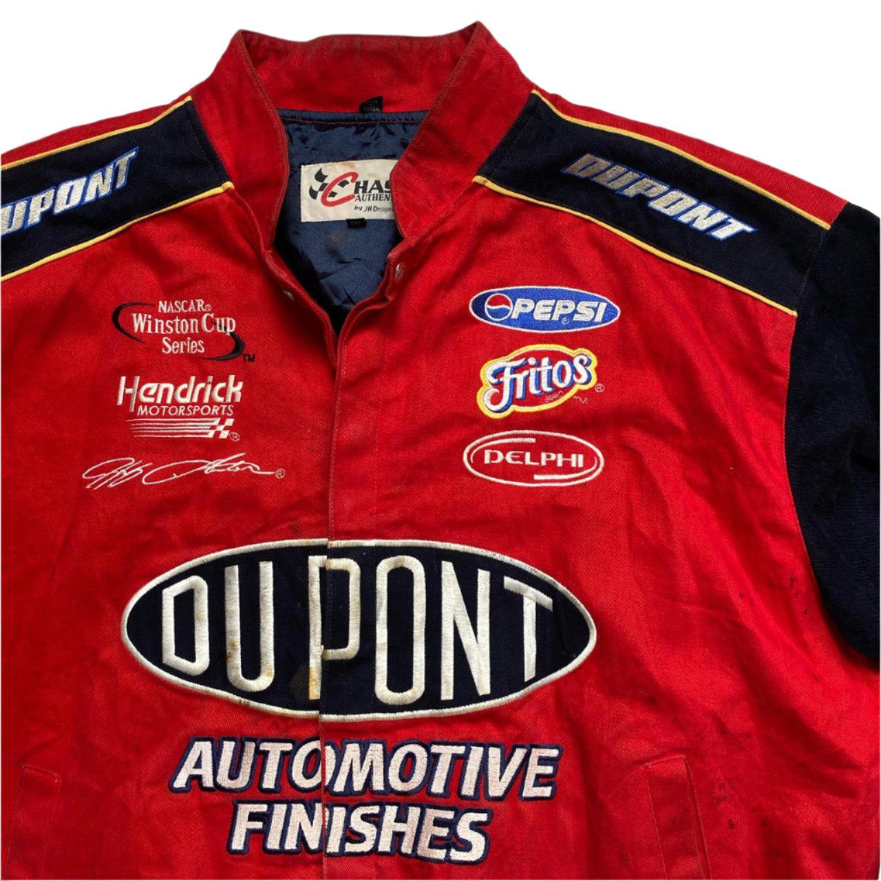 Chase Authentics NASCAR Red and Black Flames Du Pont Racing Bomber Jacket (2XL)