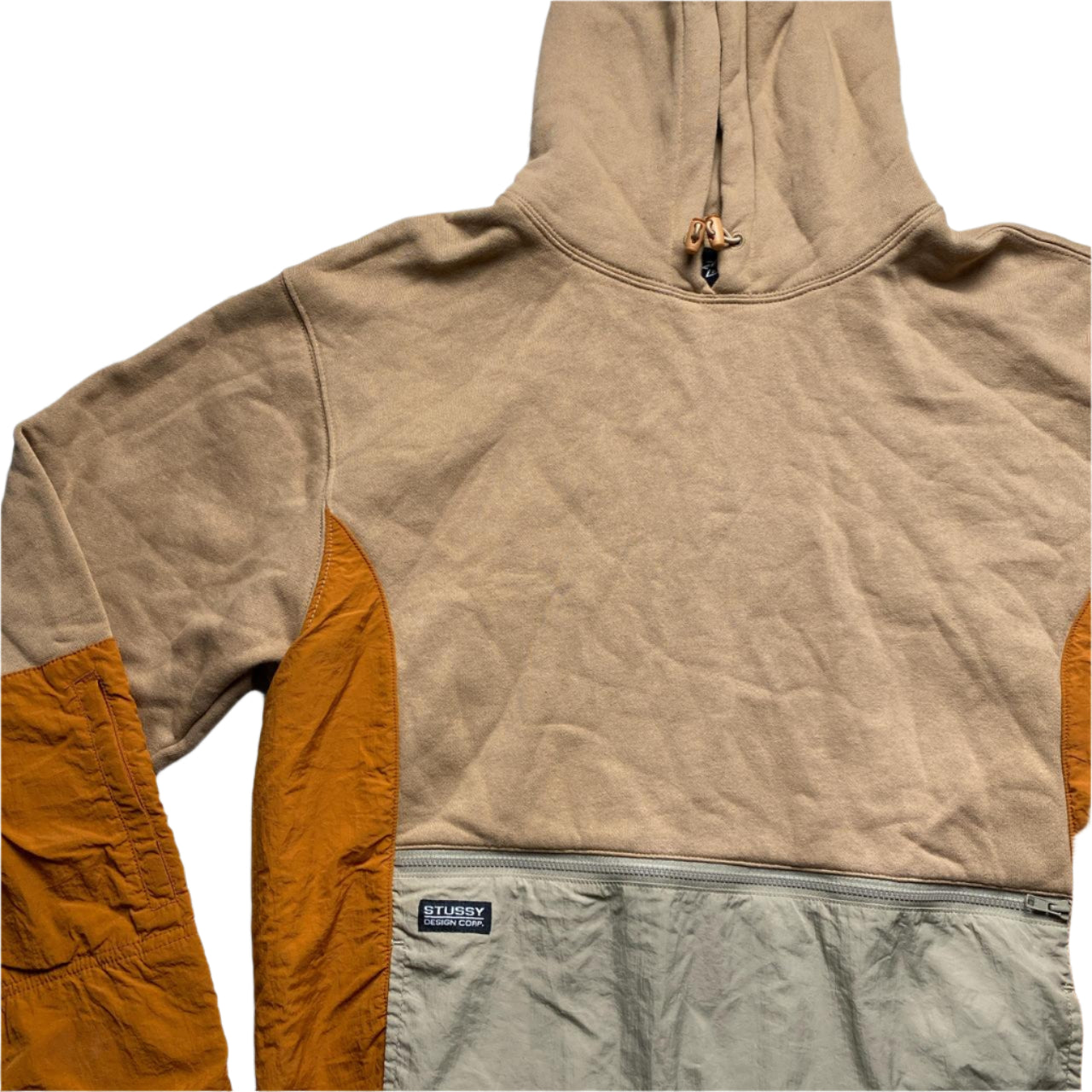 Stussy Tan Sand Brown and Orange Nylon Panelling Hoodie (M)
