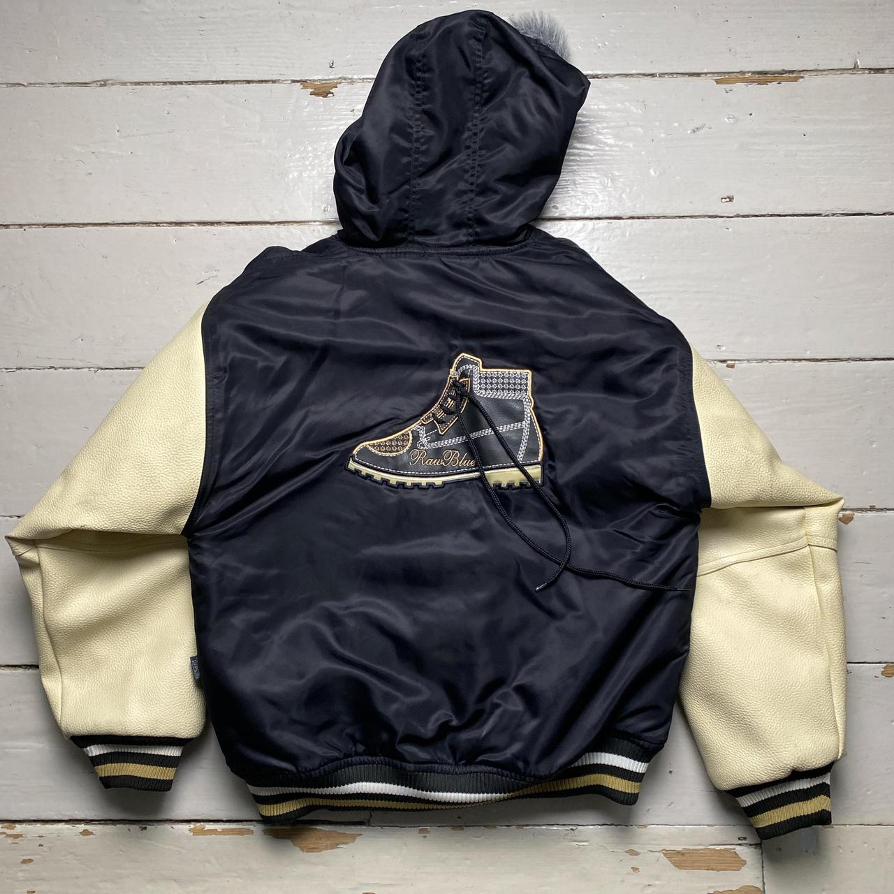 Raw Blue Timberland Boot Laceup Leather and Fur Hooded Bomber Jacket