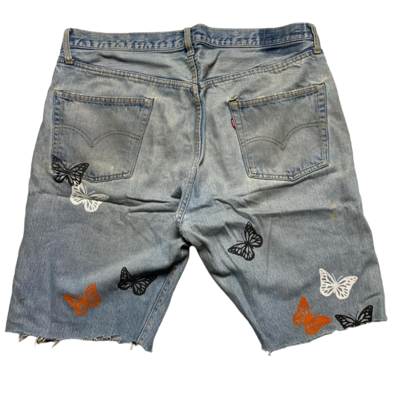 Levis 501 Baggy Cut Down Distressed Vintage Jort Jeans with Butterfly Prints (W 36)