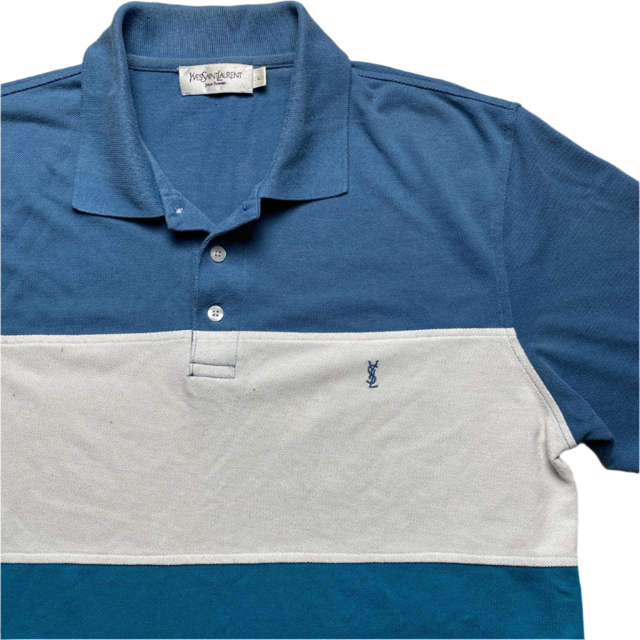 YSL Yves Saint Laurent Blue Two Tone and White Polo Shirt (L)