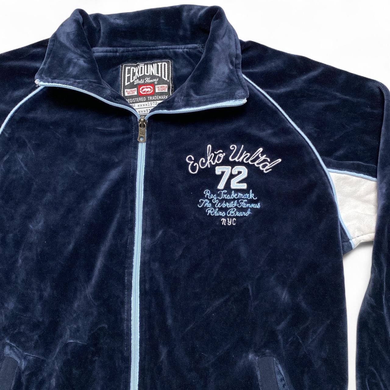 Ecko UNLTD Vintage Velour Navy Baby Blue and White Tracksuit Jacket (M)